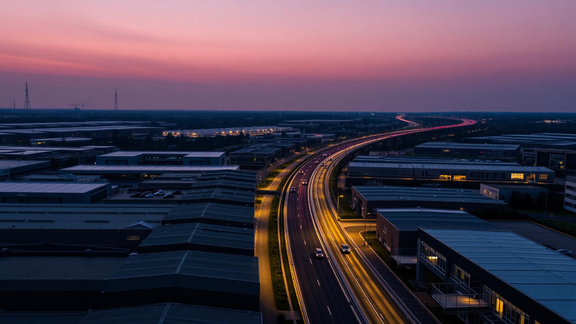 Aerial dusk view of a Dutch logistics and light industrial corridor